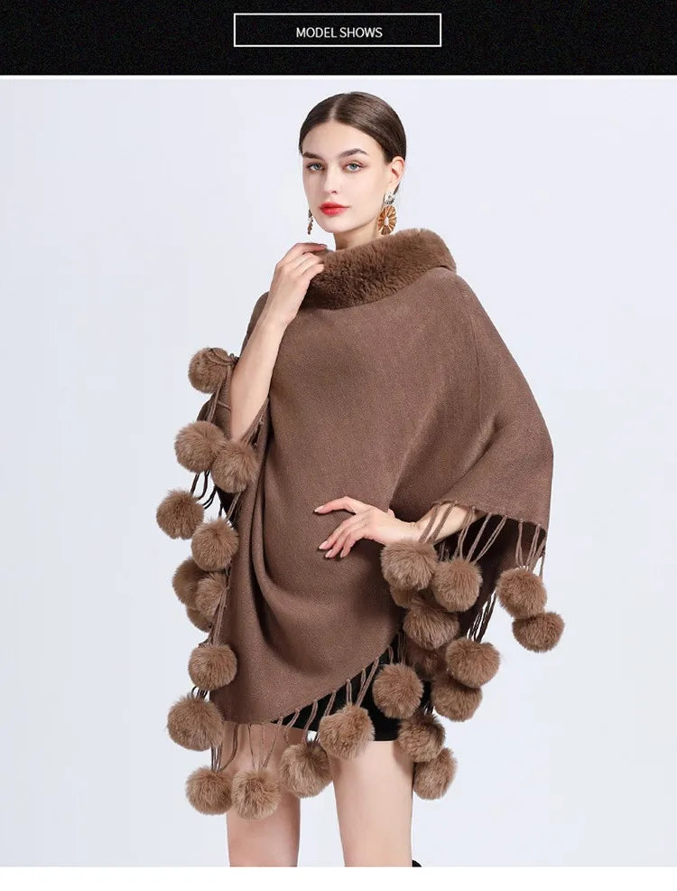 Poncho Scarf with Faux Fur Collar and Fringed Shawl