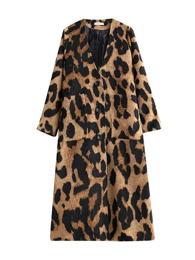 Fashionable Leopard Print Trench Coat | V-Neck, Loose Fit