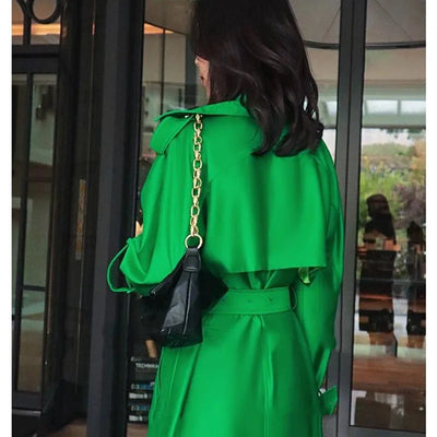 Elegant Mid-Length Women's Trench Coat | Green Windbreaker Outerwear