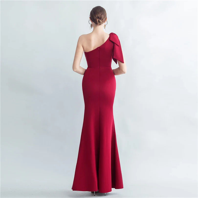 Candy Color Satin One-Shoulder Evening Dress with Slit and Appliques