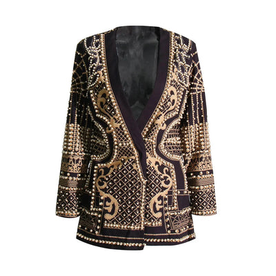 High Street Women's Blazer - V Neck, Long Sleeve, Embroidered Flares, Colorblock Design