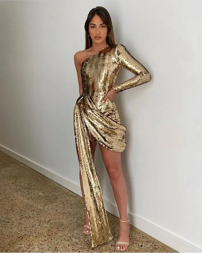 Women’s Green Pink Gold Sequined One Shoulder Party Dress