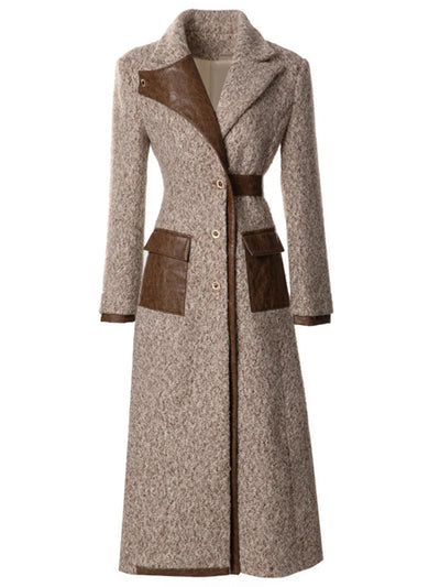 Women Elegant Patchwork Windbreaker with PU Leather Splice and Belt