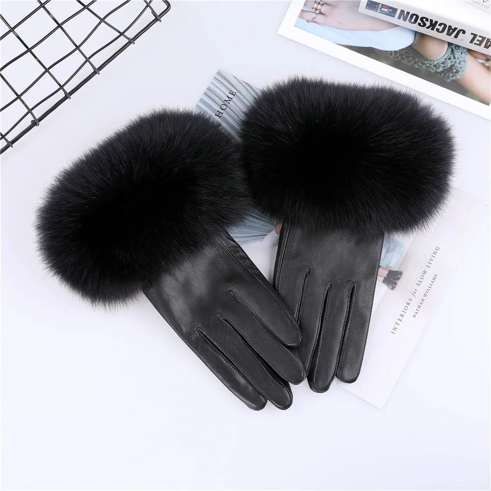 Sheepskin Leather Gloves with Fox Fur Trim – Women's Winter Mittens