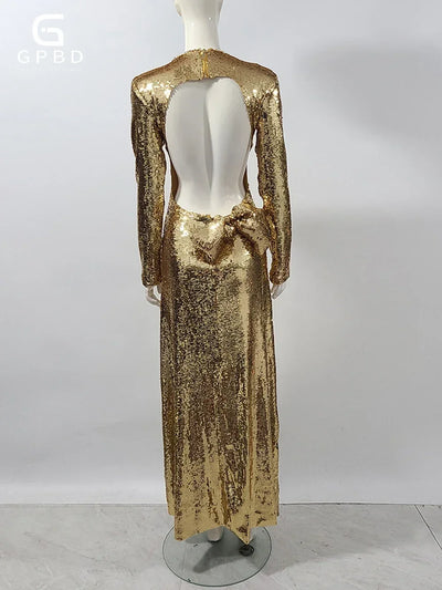 Gold Sequin Backless Evening Dress with Bow - Slim Fit, Long Sleeves