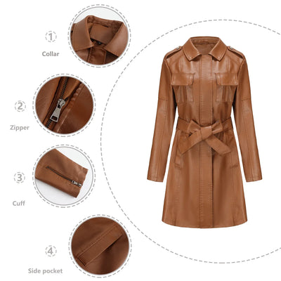Red PU Leather Waist Lace-Up Long Jacket - Women's Fashion Overcoat