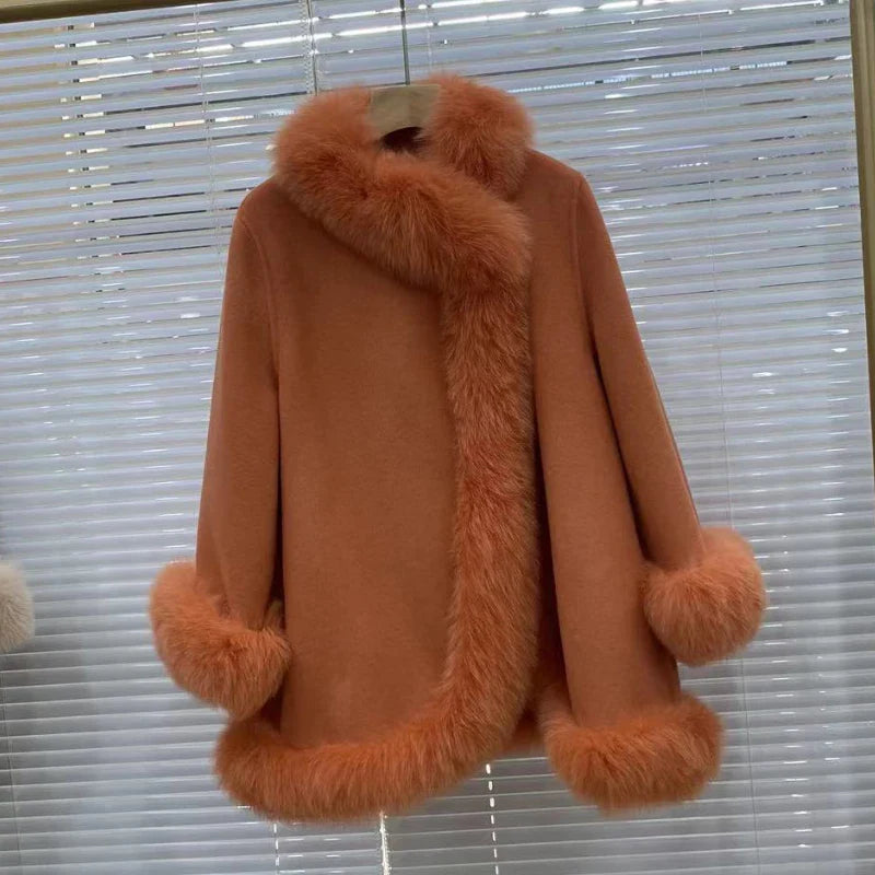 Women's Winter Real Fur Coat with Natural Fox Fur Collar and Wool Blend