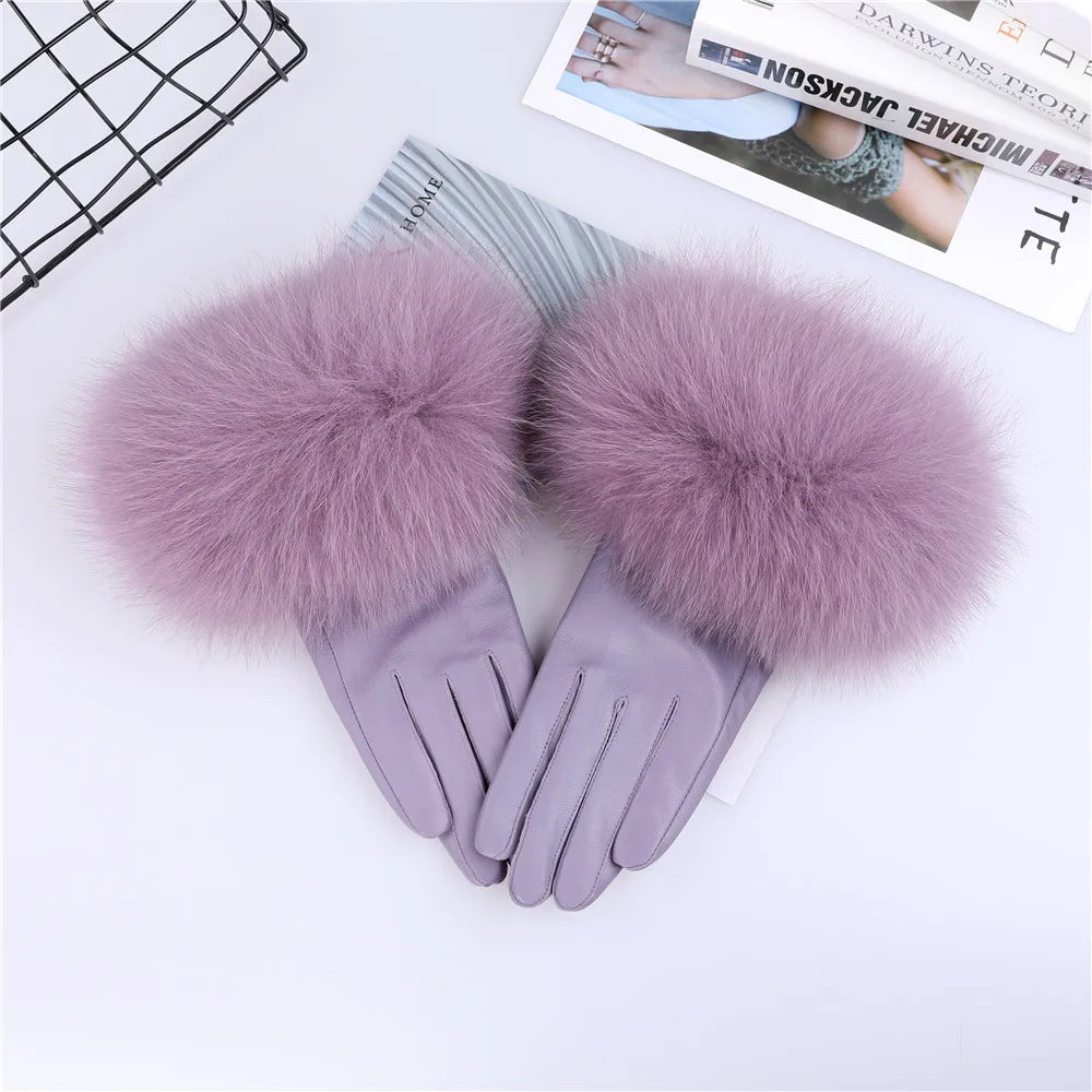Sheepskin Leather Gloves with Fox Fur Trim – Women's Winter Mittens