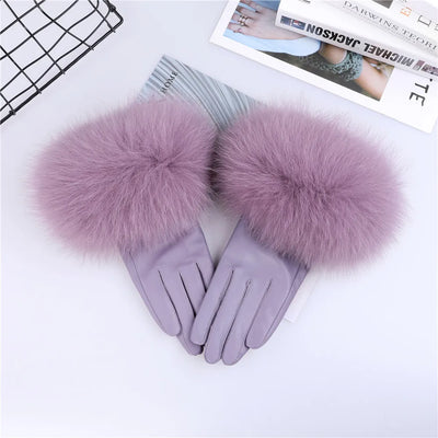 Sheepskin Leather Gloves with Fox Fur Trim – Women's Winter Mittens