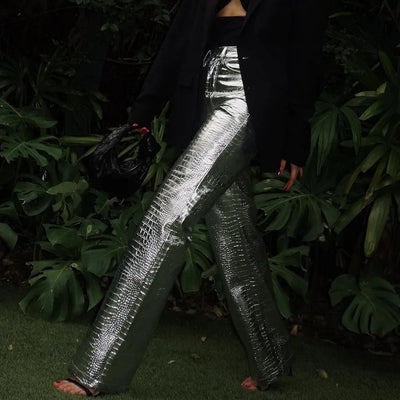 High Waisted Baggy PU Pants | Silver & Gold Loose Trousers