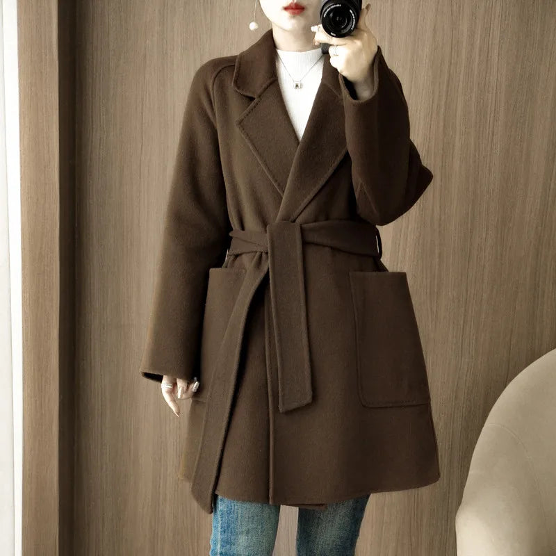 Women Double-Sided Woolen Cashmere Coat with Belt
