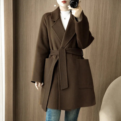 Women Double-Sided Woolen Cashmere Coat with Belt