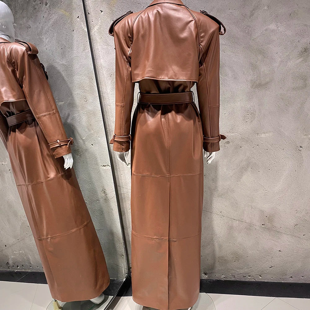 Long Real Leather Trench Coat for Women - Double Breasted Suede