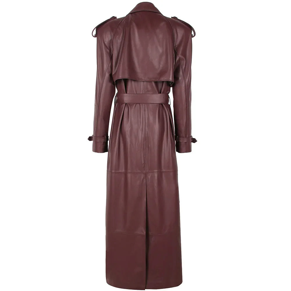 Long Real Leather Trench Coat for Women - Double Breasted Suede