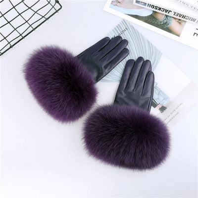 Sheepskin Leather Gloves with Fox Fur Trim – Women's Winter Mittens