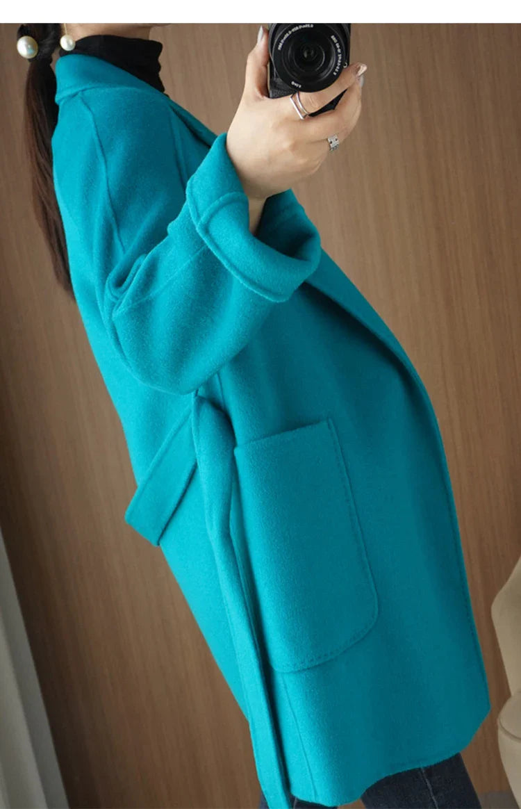 Women Double-Sided Woolen Cashmere Coat with Belt