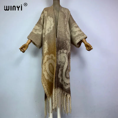 Winter Coat for Women - Luxury Cashew Print Long Overcoat with Tassels
