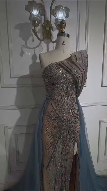 The Matea Luxury Bequin Blue Skirt, High Split Beaded Evening Gown